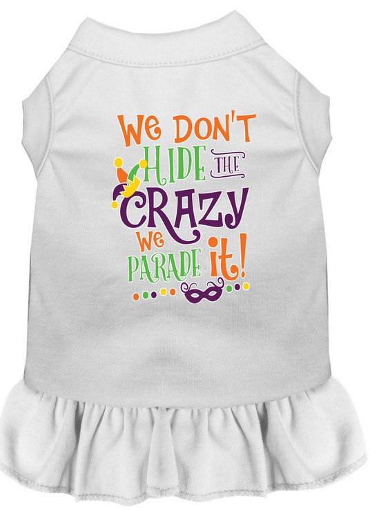 We Don't Hide the Crazy Screen Print Mardi Gras Dog Dress White Med